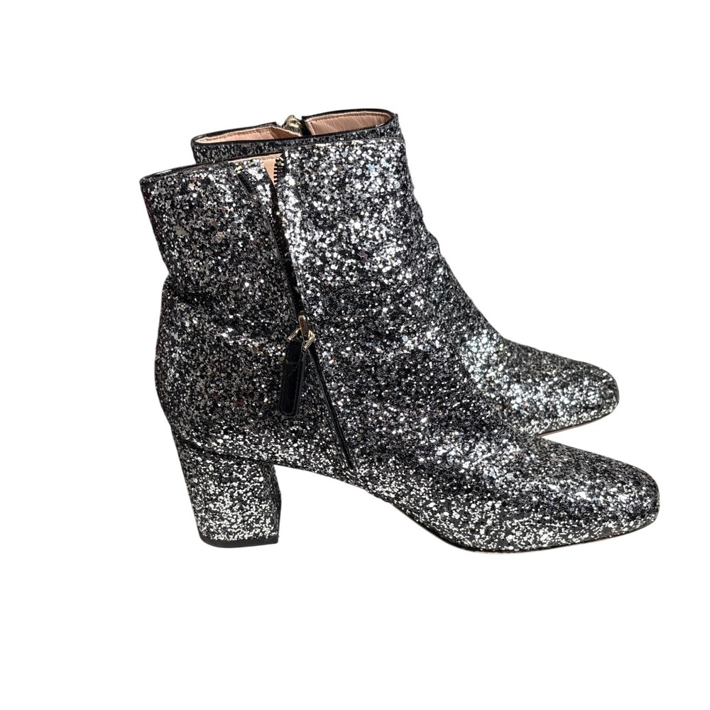 Kate Spade Junelle Glitter Ankle Boots Women US 7.5B Black Silver Block Heel